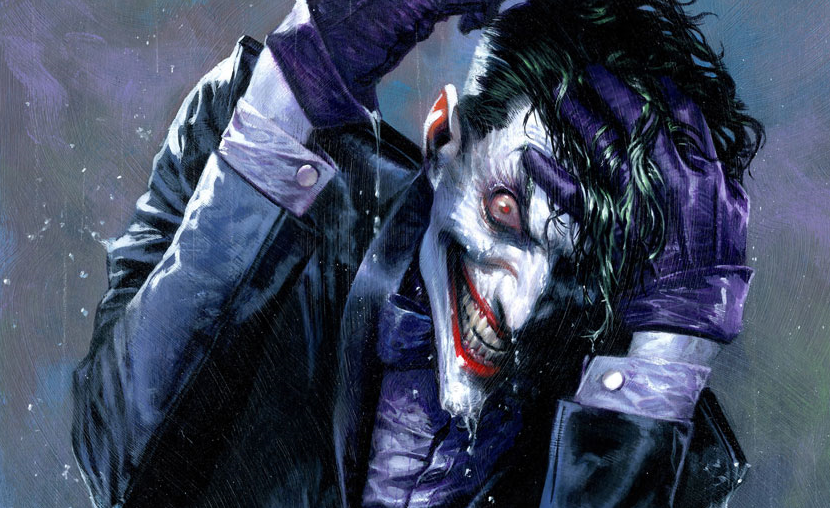 A grinning character with white face paint and green hair, wearing a dark jacket and gloves, pulls at their hair in a dramatic pose with a dark, misty background.