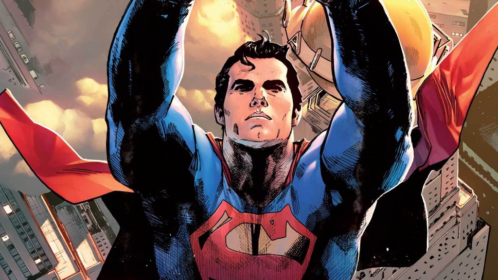 A comic book illustration of a superhero in a blue and red costume with a distinctive "S" emblem on his chest, flying above a cityscape, arms raised overhead.