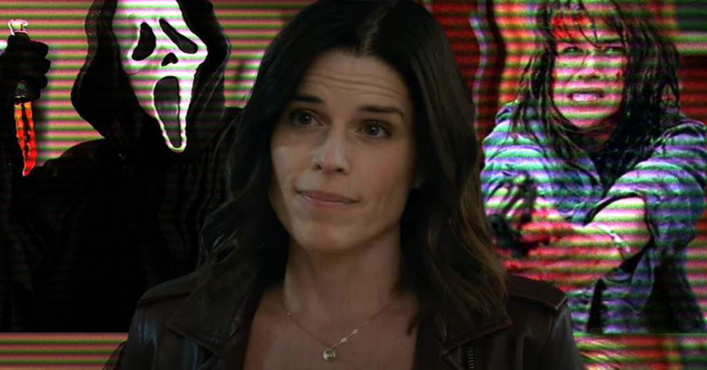 A collage with Sidney Prescott from Scream in the center, flanked by a distorted photo of Ghostface and a younger Sidney.