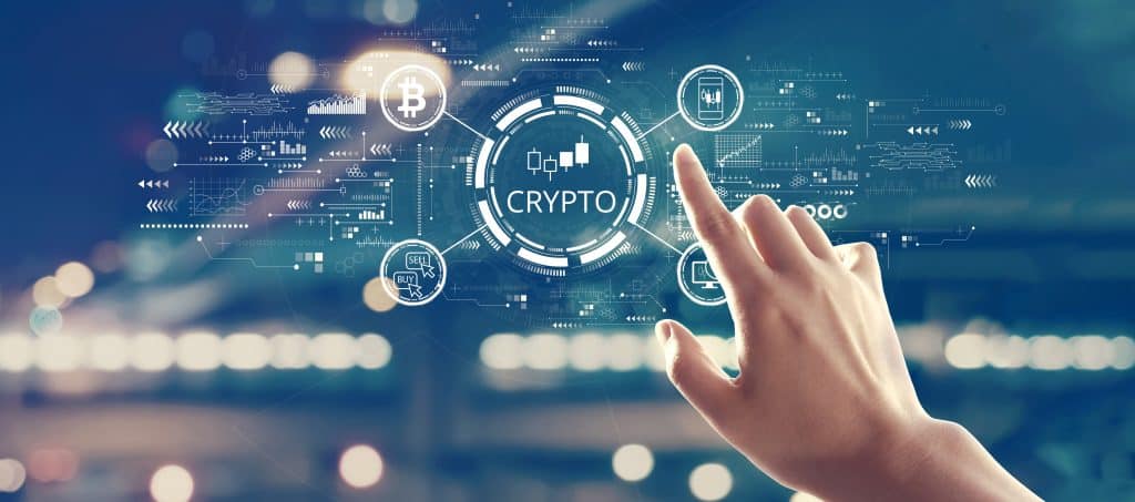 A hand touches a digital interface featuring various cryptocurrency icons, including Bitcoin, Ethereum, and blockchain, against a blurred background.