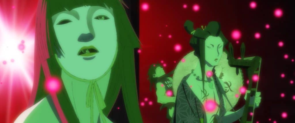 An animated still from Inu-Oh. During a performance, a singer in a white mask looks to his right. Behind him, a man with long hair plays the biwa, a lute-like instrument. They are lit with green light and surrounded by red spots of light.