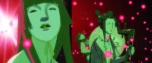 An animated still from Inu-Oh. During a performance, a singer in a white mask looks to his right. Behind him, a man with long hair plays the biwa, a lute-like instrument. They are lit with green light and surrounded by red spots of light.