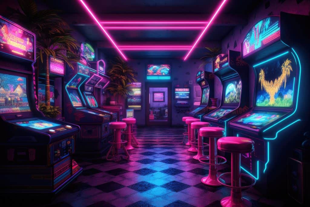 Neon colored arcade machines
