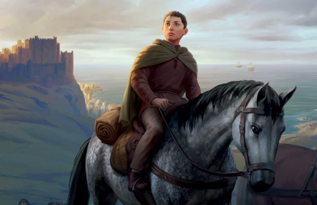A man is riding a horse in front of a castle.