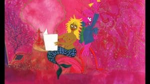 A painting of a mermaid and a man reading a book.