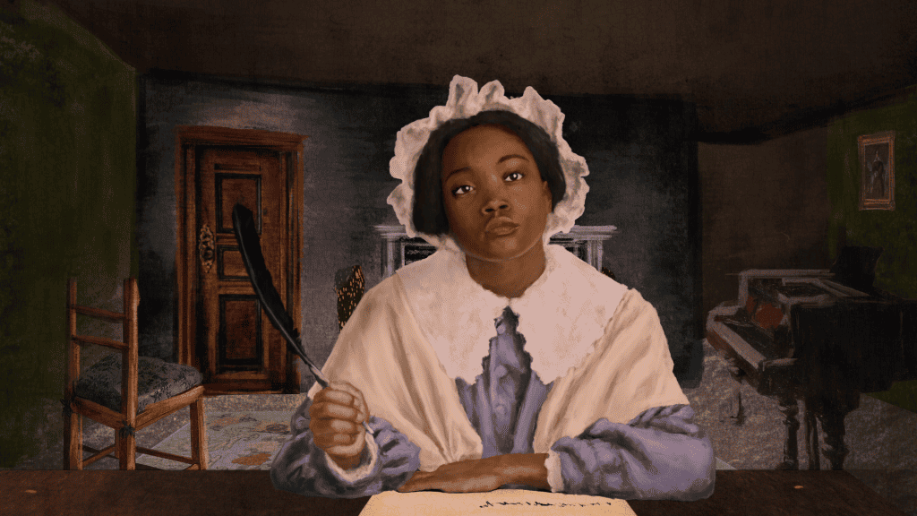 An african american woman is sitting a table writing into a book