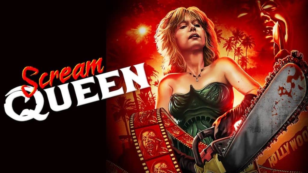 A woman holding a chainsaw with the words scream queen.
