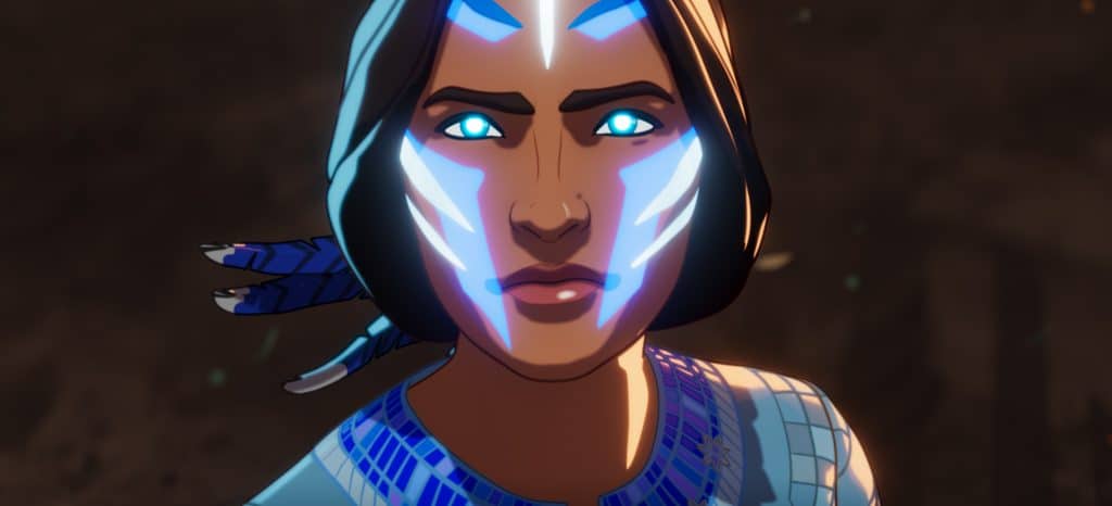 A woman with blue eyes in an animated video game.