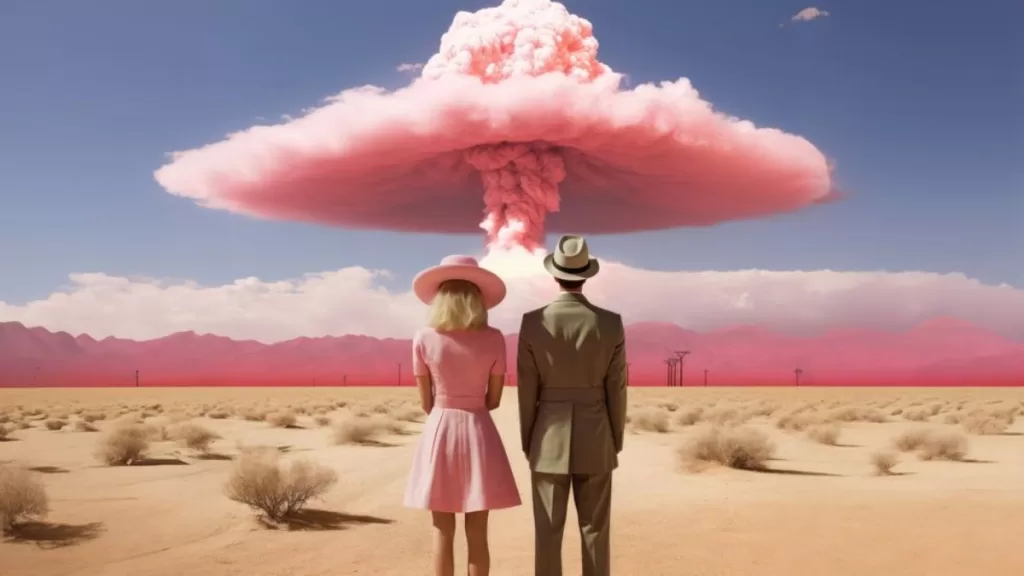 A man and woman standing in front of a pink cloud.