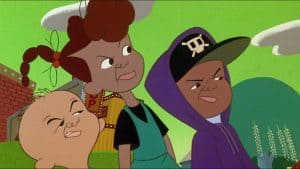 Three cartoon characters standing next to each other.