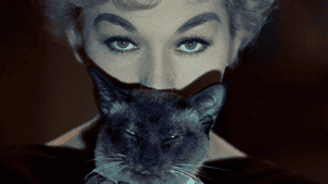 ‘Bell, Book & Candle’ Blu-Ray Review – Christmas Charm Blends With Spooky Mysticism A woman is holding a siamese cat in her mouth.