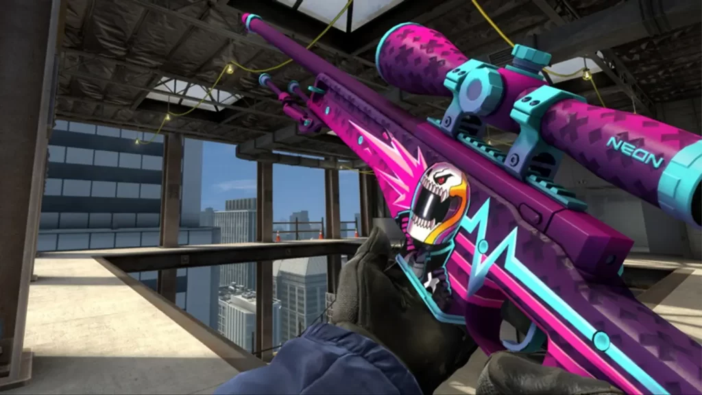 A pink and blue sniper rifle in a game.