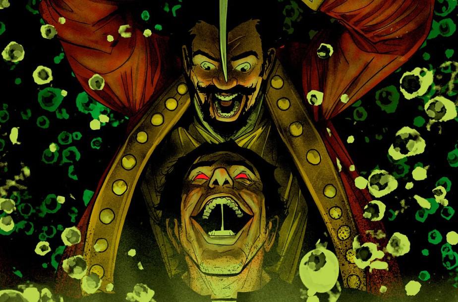 A comic book with a man in a red coat and a man in a green shirt.