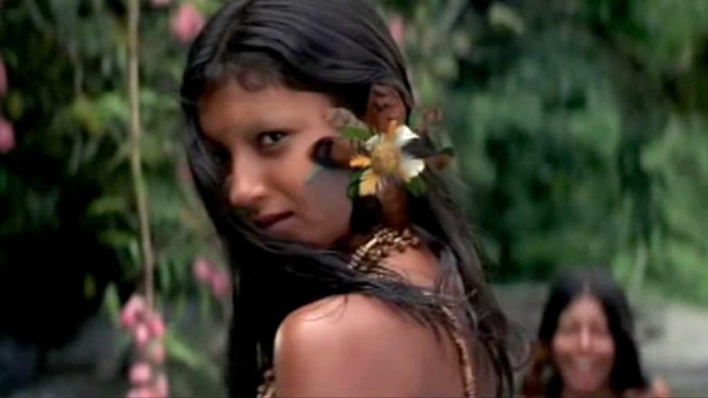 A woman with flowers in her hair is standing next to a river.