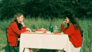‘Four Adventures Of Reinette And Mirabelle’ Blu-Ray Review – A Refreshing Cinematic Delight Two women sitting at a table in a field.