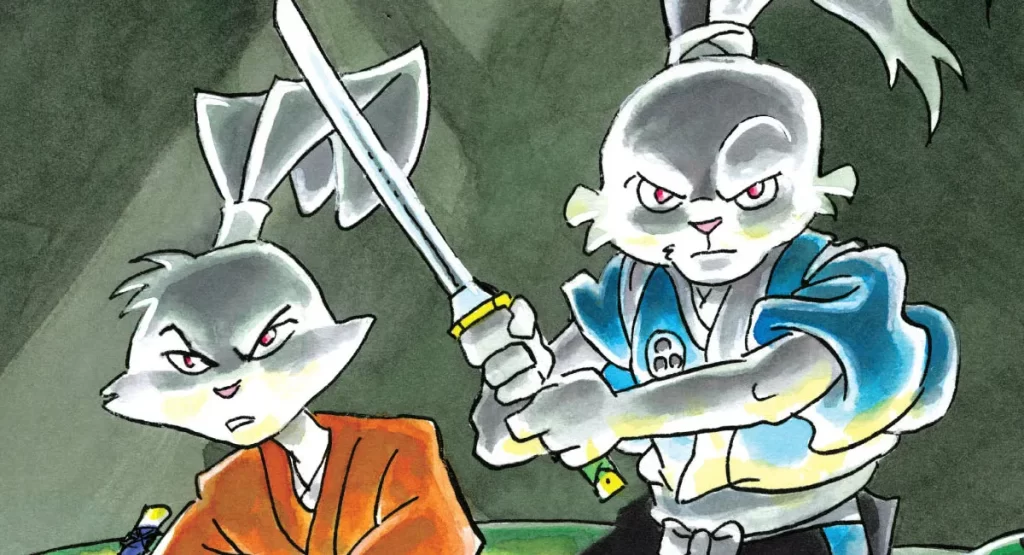 A cartoon of two rabbits in a samurai costume.
