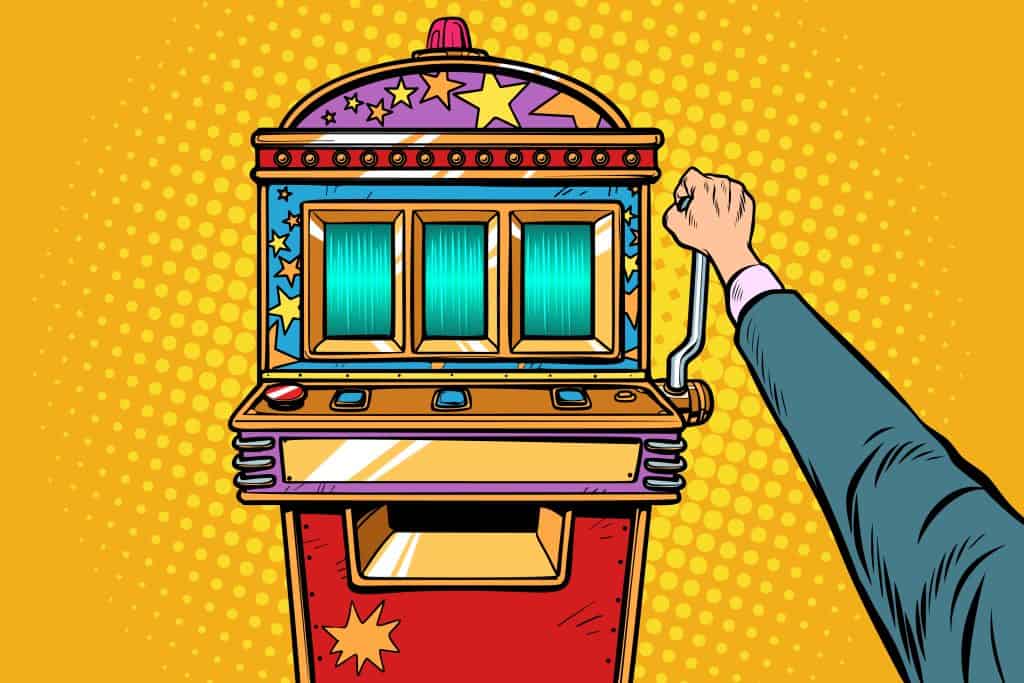 A man is pointing at a slot machine.