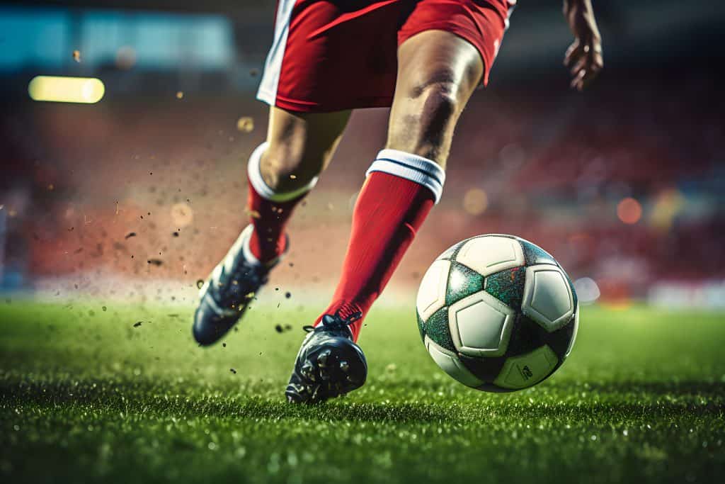 A person kicking a soccer ball in a stadium.