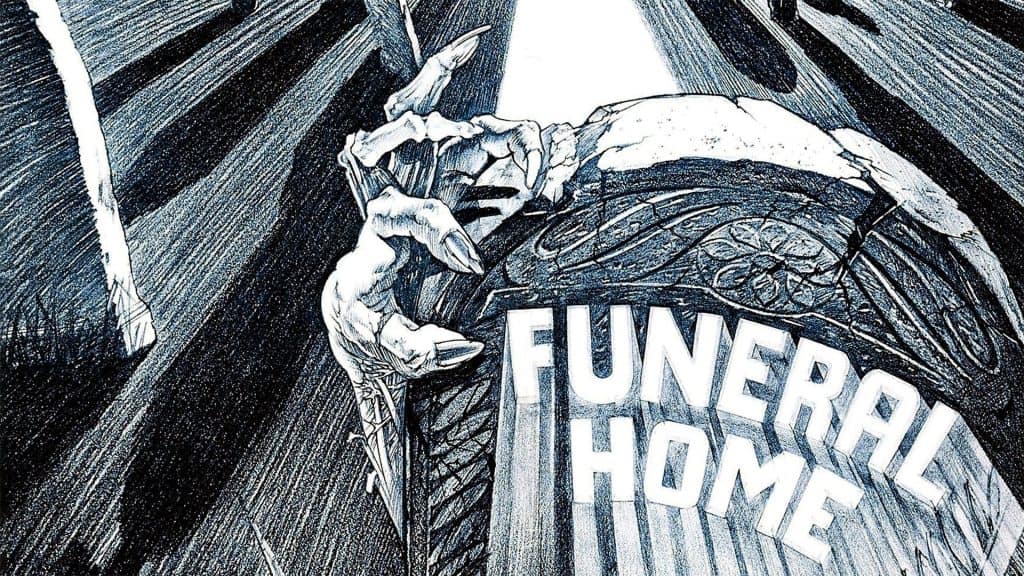 A black and white drawing of a grave with the words funeral home.