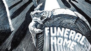 A black and white drawing of a grave with the words funeral home.