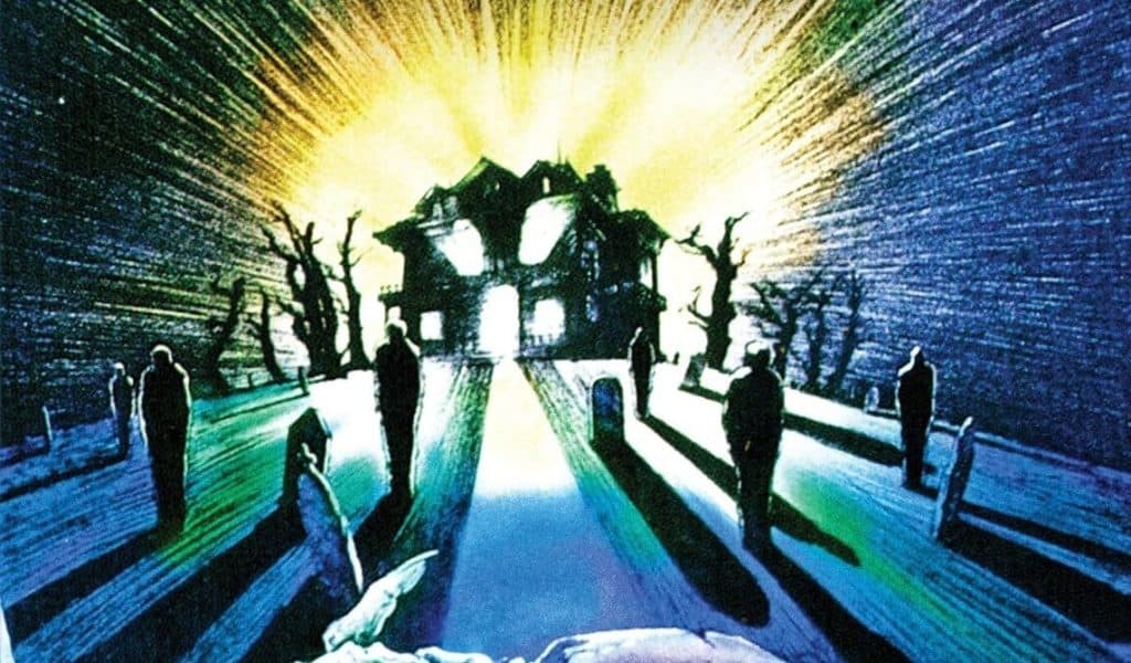 A poster for a horror movie with a man in front of a house.