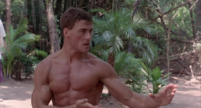 A shirtless man is doing martial arts in a wooded area.