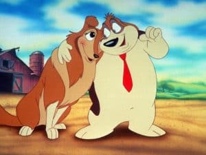 A cartoon dog is hugging another dog in front of a barn.
