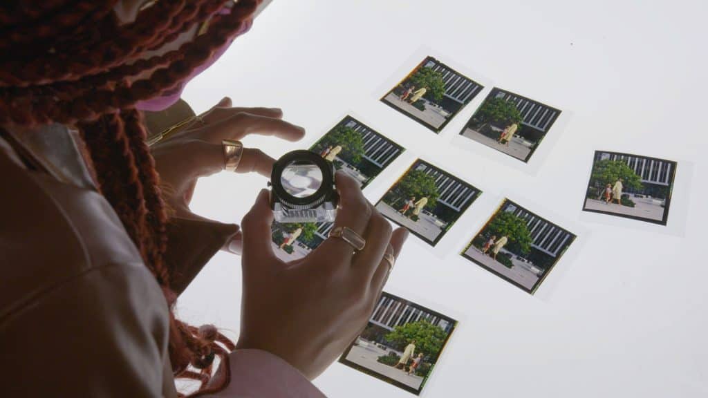 A woman looking through a magnifying glass at a group of photos.