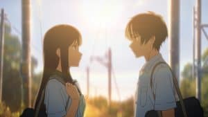 Two anime characters looking at each other in the sun.
