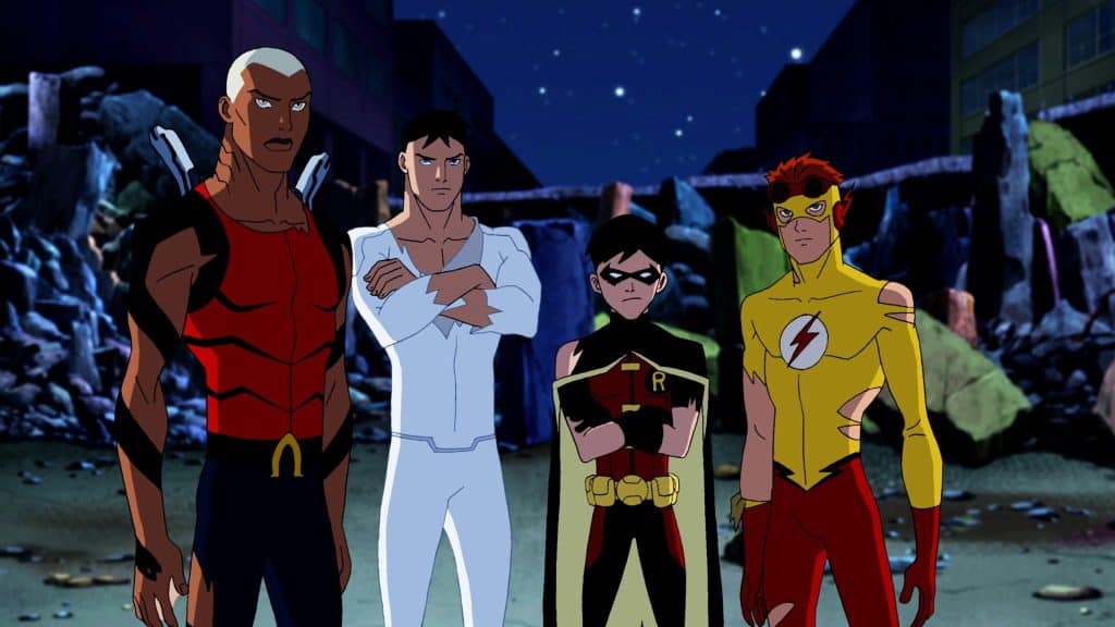 A group of animated characters standing in front of a city.
