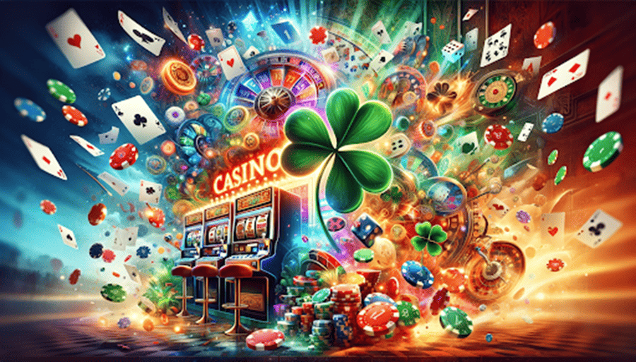 A colorful casino poster with clover and poker chips.