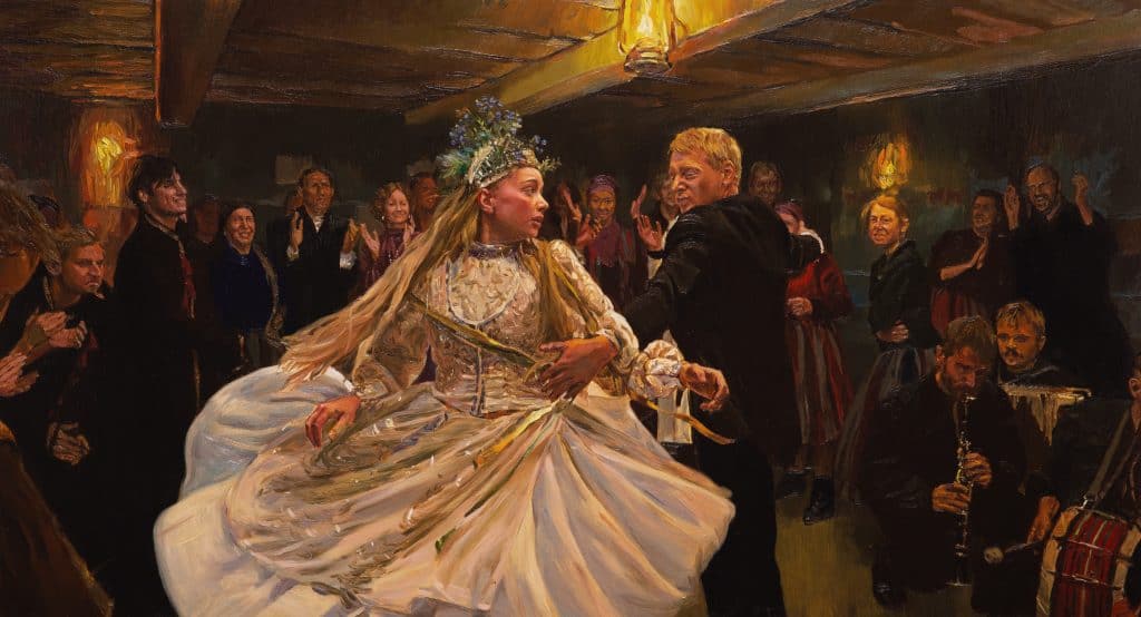 A painting of a couple dancing in a ballroom.