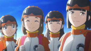 A group of anime girls in orange uniforms standing in front of a blue sky.
