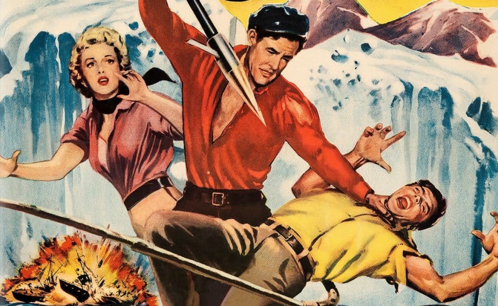 A poster for a movie with a man and a woman on a snowy mountain.