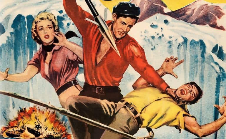 A poster for a movie with a man and a woman on a snowy mountain.