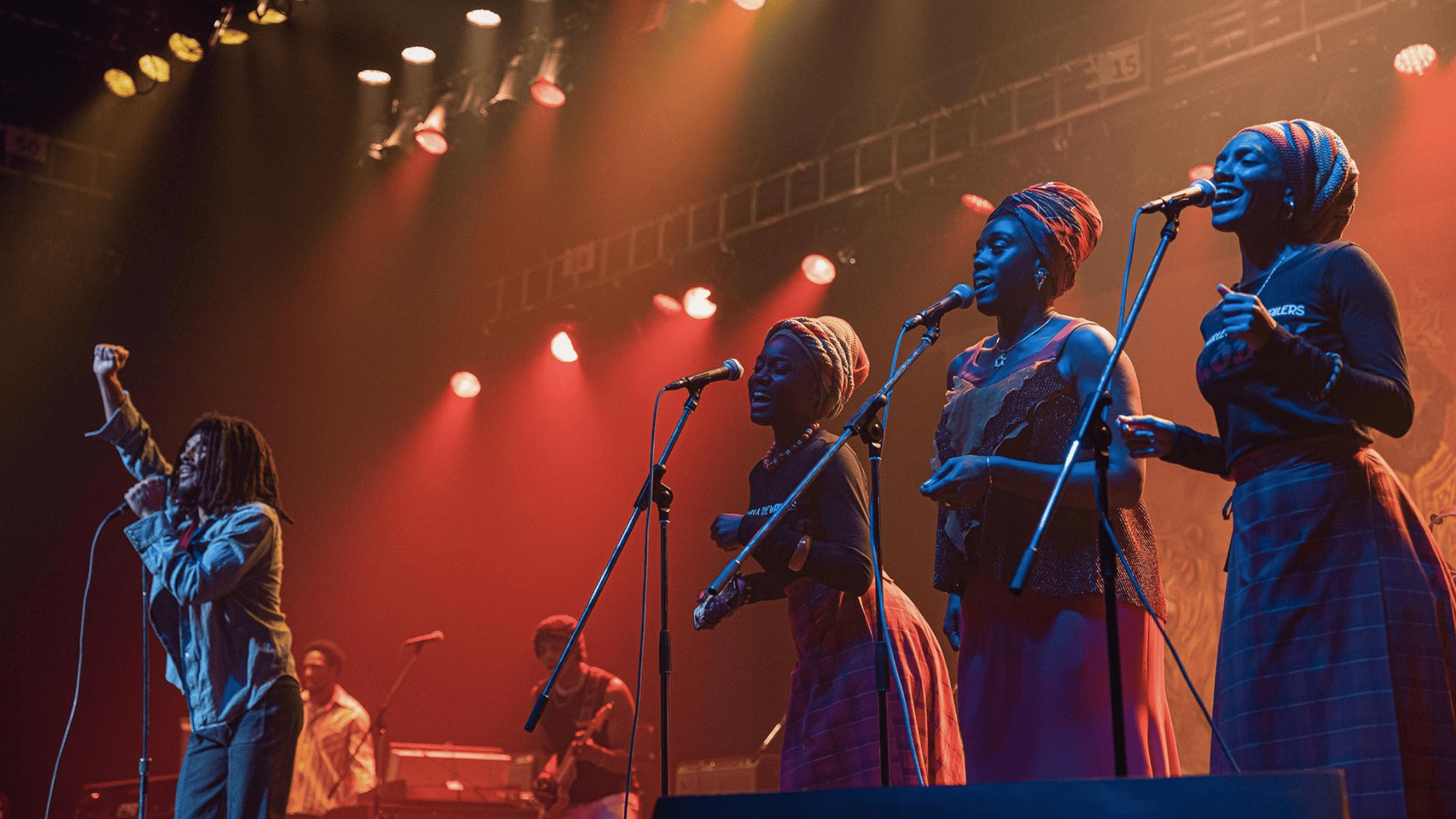Judy Mowatt, Naomi Cowan, Marcia Griffiths, Lashana Lynch, Kingsley Ben-Adir, and Anna-Share Blake in Bob Marley: One Love (2024)