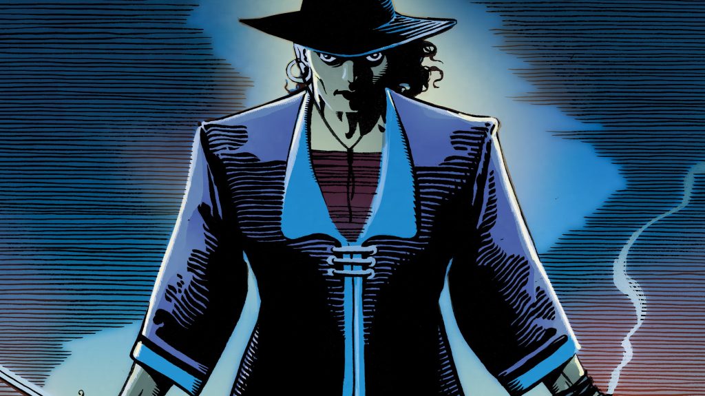 A comic book illustration of a man with a hat and a sword.