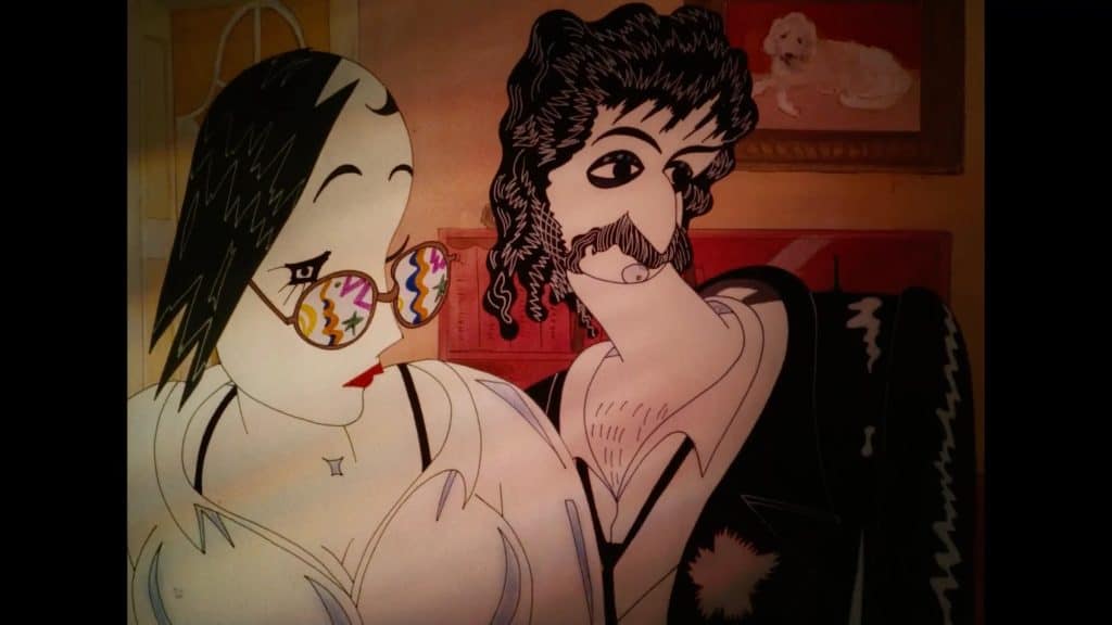 A drawing of a man and a woman with a mustache.