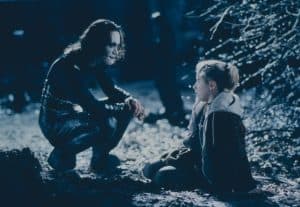 Brandon Lee talking to a girl in The Crow.