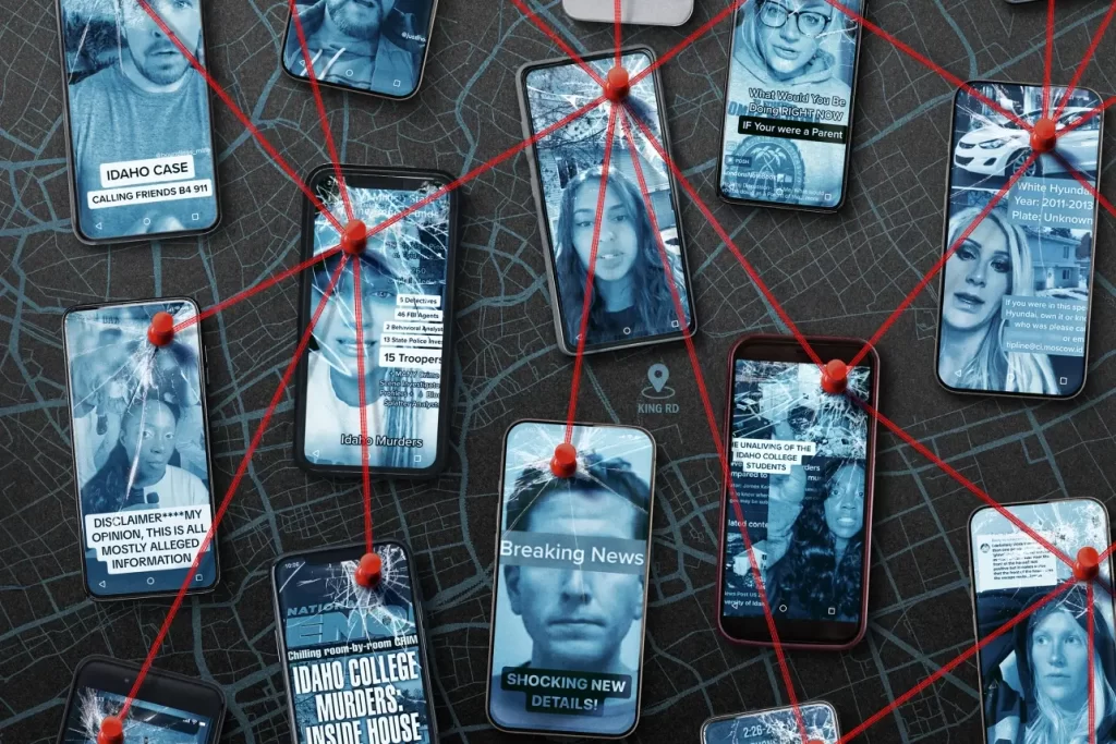 A group of cell phones with pictures on them.