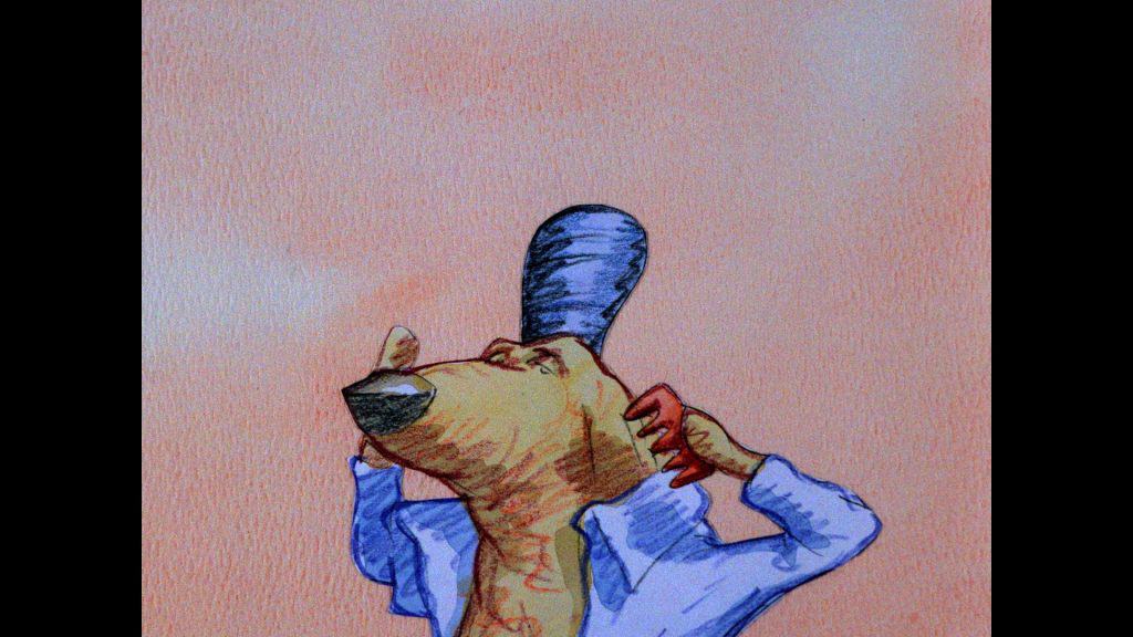 A drawing of a dog with a hat on his head.