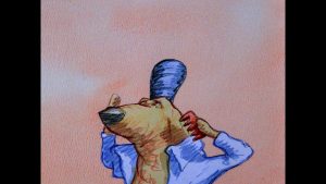 A drawing of a dog with a hat on his head.