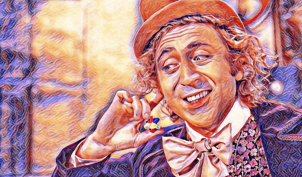 Man in a whimsical outfit and hat holding a colorful object to his ear, depicted in an artistic, painted style.