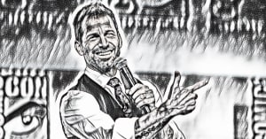 Man in a vest holding a microphone and gesturing with his hand during a presentation, with a pencil sketch effect applied to the image.
