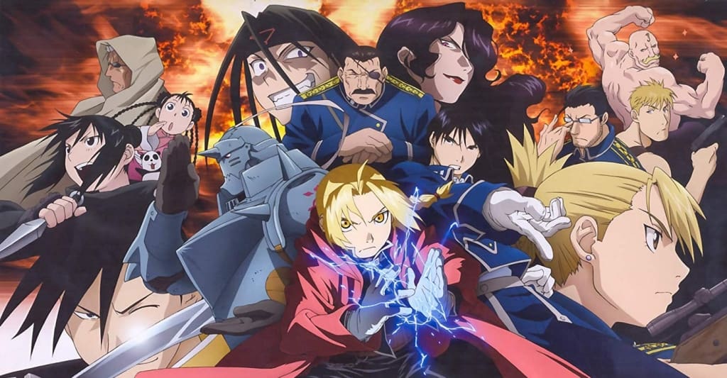 An ensemble of animated characters from "fullmetal alchemist," featuring the elric brothers in the center against a backdrop of flames.