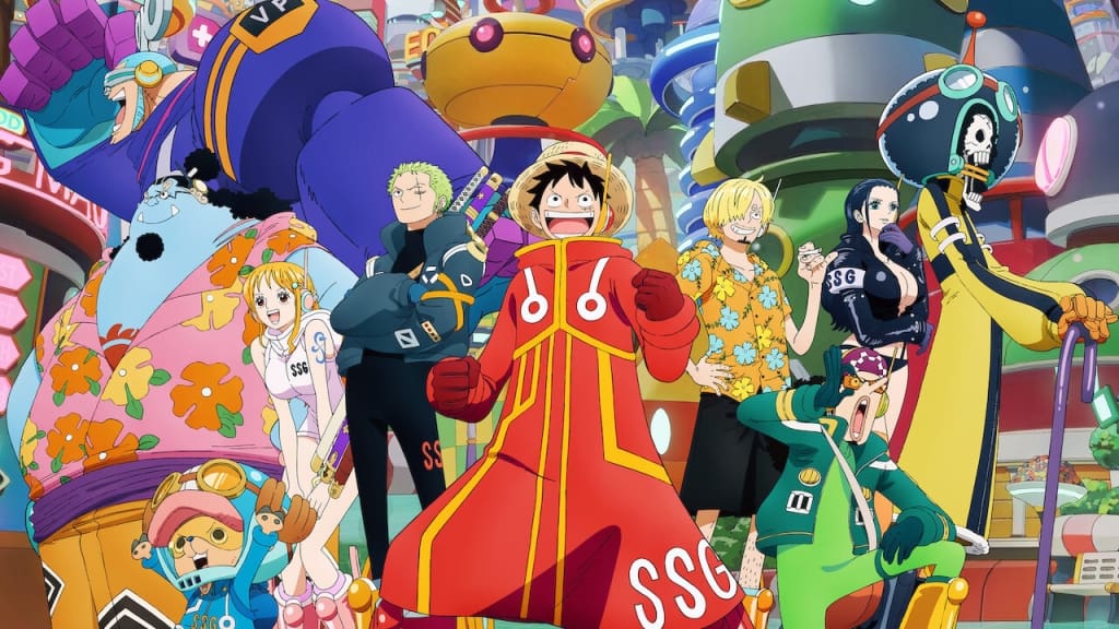 Animated characters from "one piece" standing in front of a colorful, whimsical backdrop.