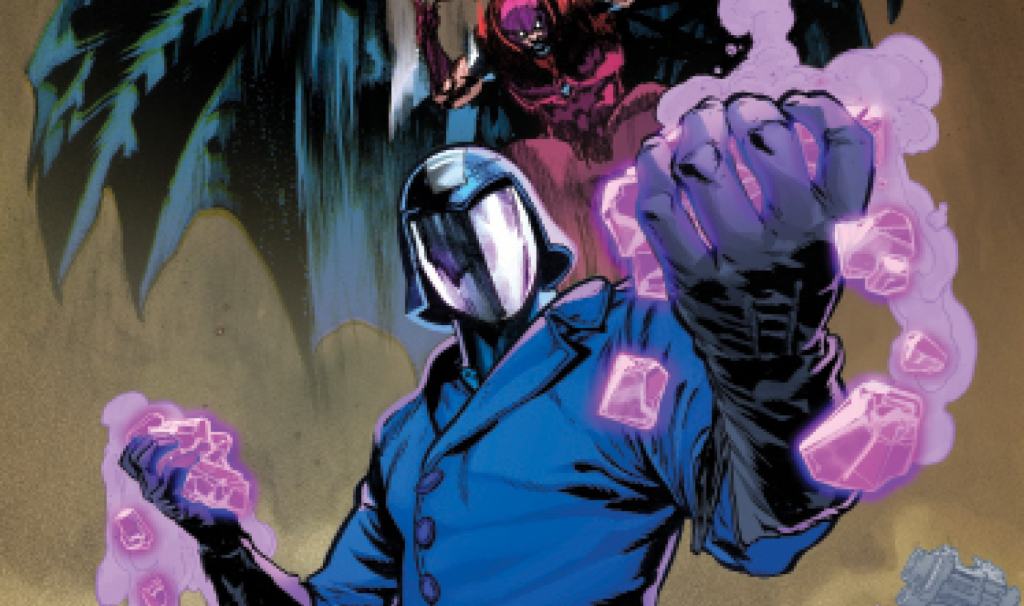 Illustration of a masked character with a clenched fist surrounded by glowing pink crystals.