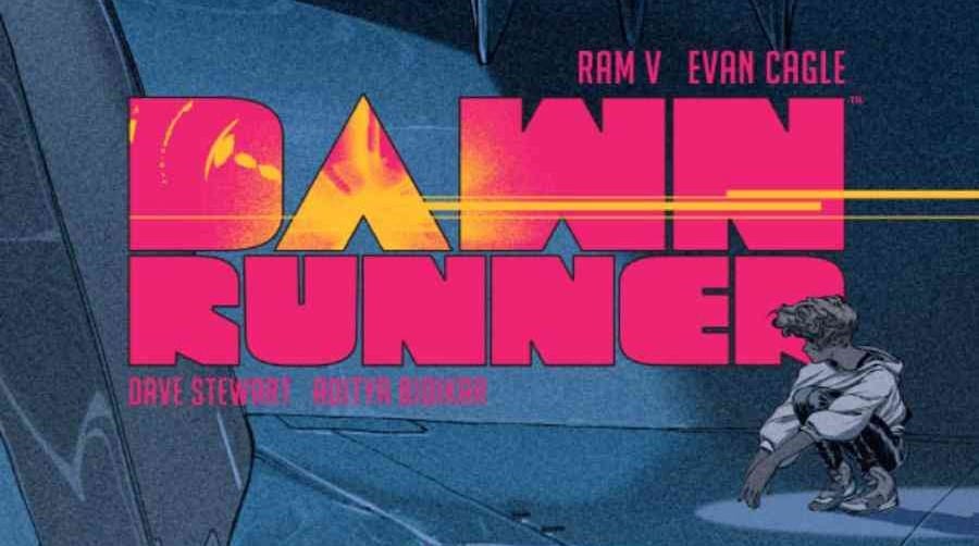 A graphic novel cover titled "dawn runner" featuring stylized text and an illustration of a character seated on the ground.