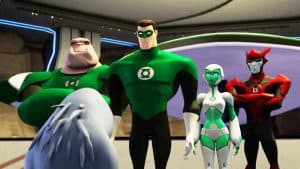 A group of green lanterns standing in front of a building.