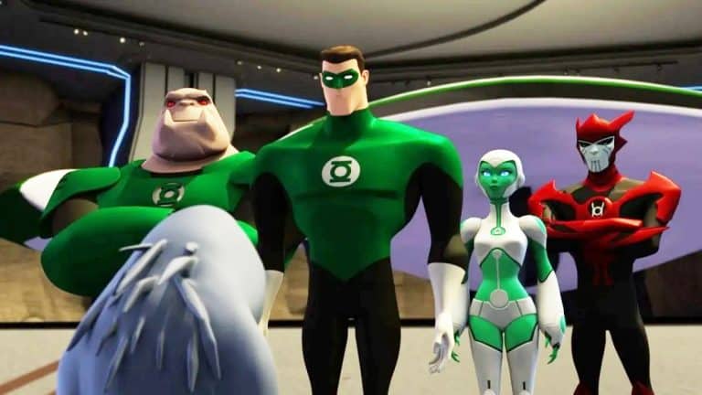 A group of green lanterns standing in front of a building.